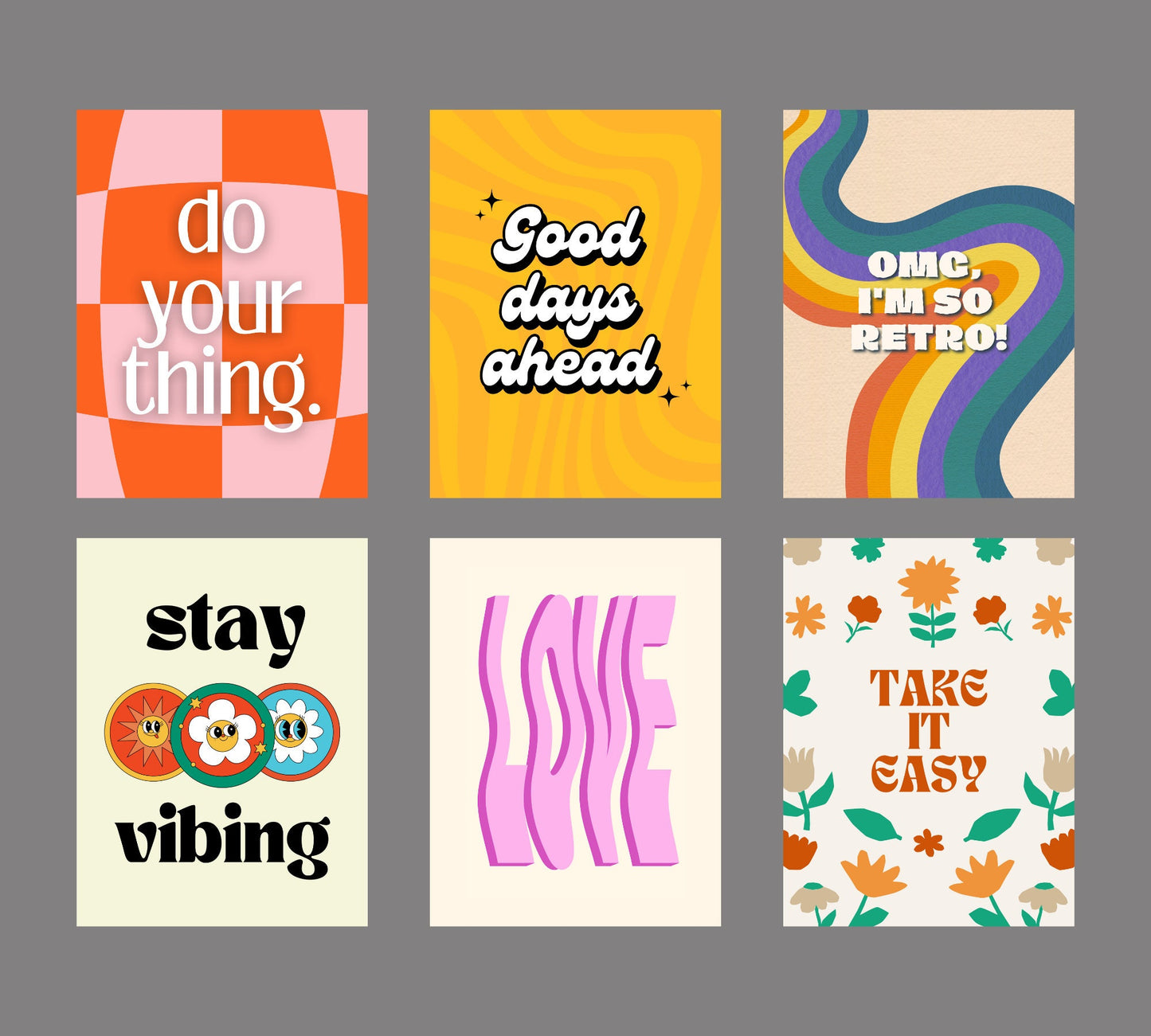 Set of 6 Retro Digital Prints Download Files Vintage Groovy Font Inspiration Instant Printable Bright Checkered Motivation Vibes
