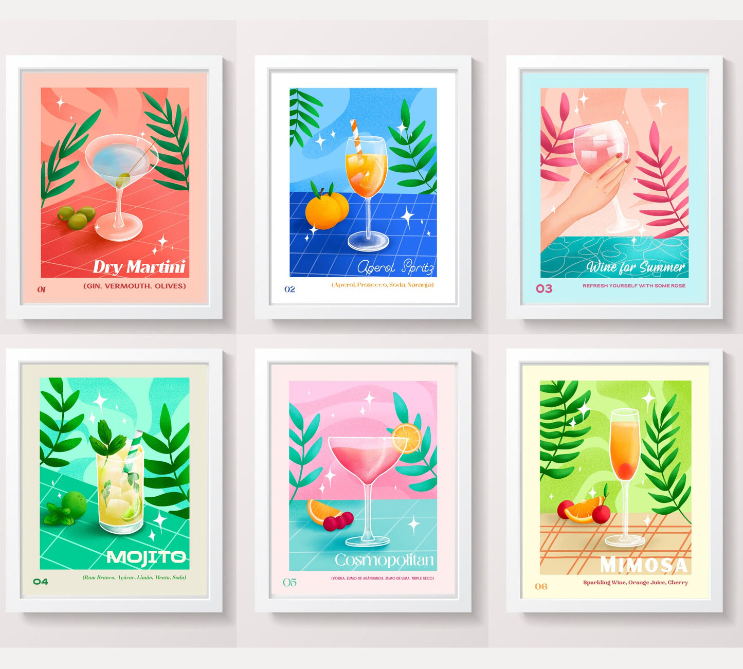 Cocktail Art Print Set Posters Home Bar Mini Bar Wall Art Bright Colorful Decor Mimosa Mojito Drinks Kitchen Fun Maximalist